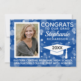 Modern Blue Bokeh Bubbles Photo Studenten Inbjudningar