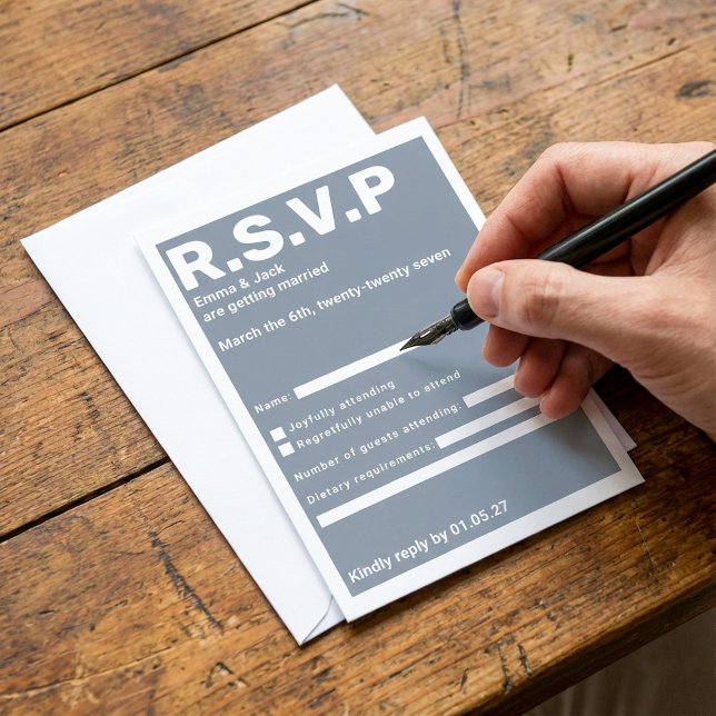 Modern Blue Bold typography OSA Bröllop Kort (Modern Blue Bold typography RSVP Wedding response card with fillable fields.)