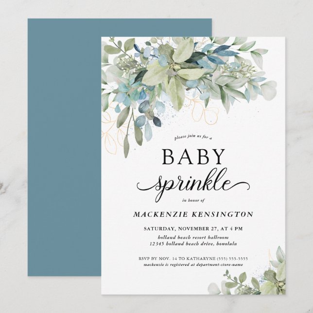 Modern Blue Botanical Eucalyptus Baby Sprinkle Inbjudningar (Fram/baksida)