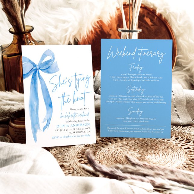 Modern Blue Bow Bachelorette Helg Itinerary Inbjudningar (Skapare uppladdad)