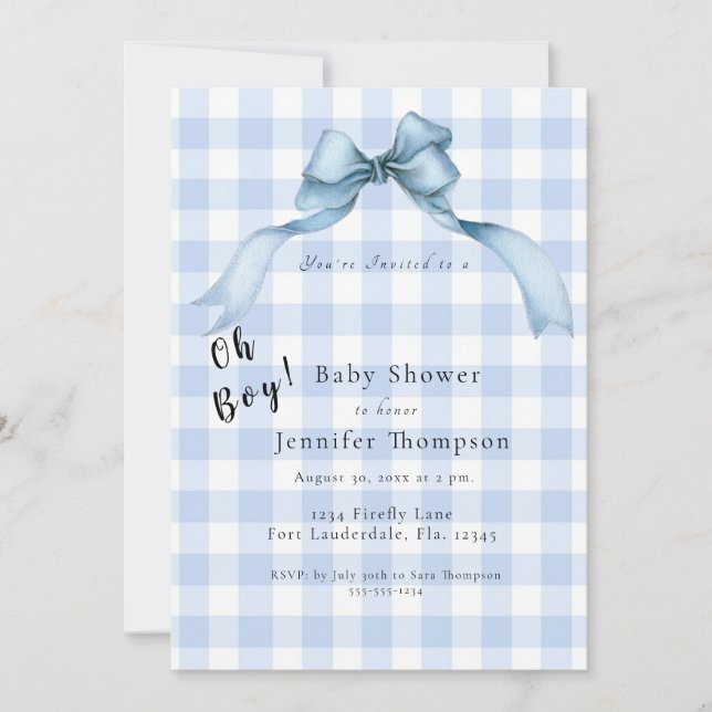 Modern Blue Bow Gingham Oh Boy Baby Shower Inbjudningar (Framsida)