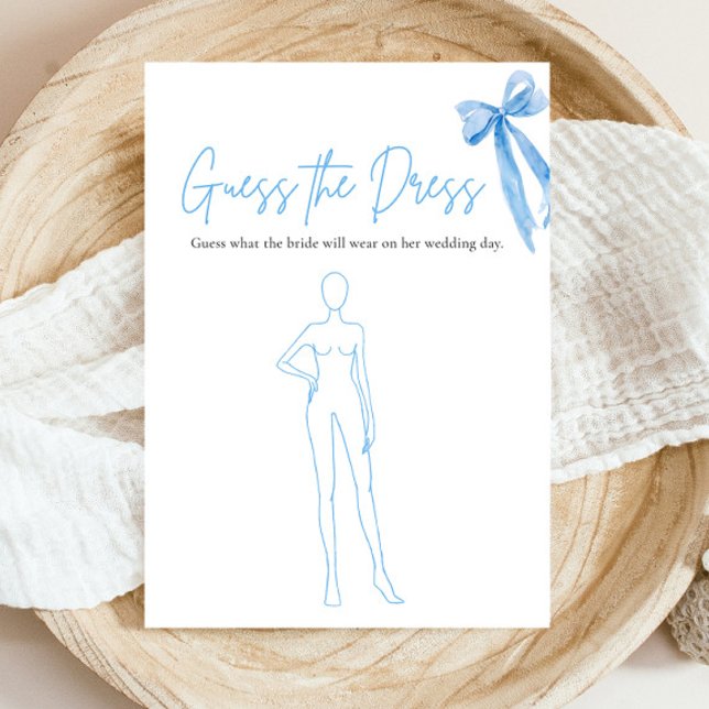 Modern Blue Bow gissar Möhippan Dress Inbjudningar (Modern Watercolor Dusty Blue Bow Guess The Dress Bridal Shower Game)