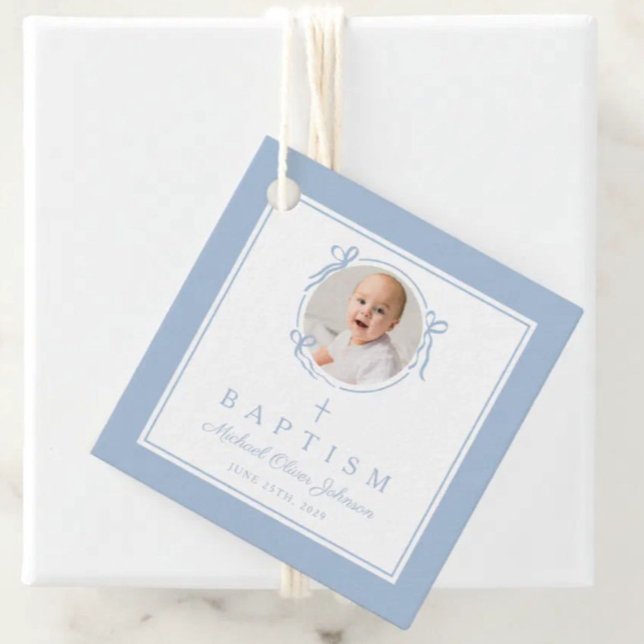 Modern Blue Boy Baptism Photo Gåvor Etiketter (Modern Blue Boy Baptism Photo Favor Tags)