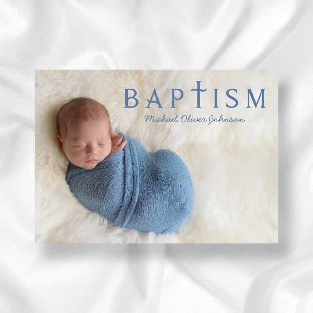Modern Blue Boy Photo Baptism Inbjudningar (1 Photo Elegant Religious Blue Boy Baptism Invitation)