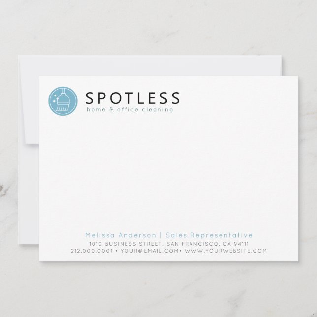 Modern Blue Broom Logo Cleaning Service Anteckningskort (Framsida)