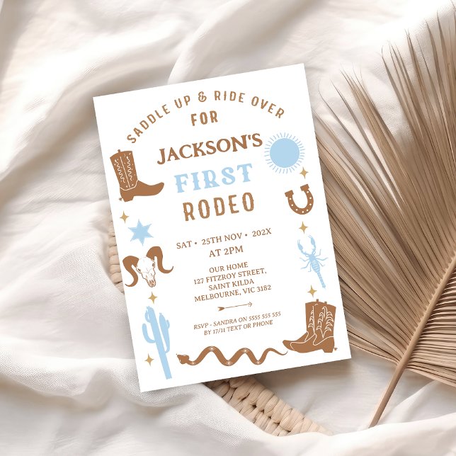 Modern Blue Brown Cowboy First Rodeo 1:a födelseda Inbjudningar (Boys First Rodeo Birthday Invitation, Cowboy First Rodeo 1st Birthday Invitation, Western Wild West )