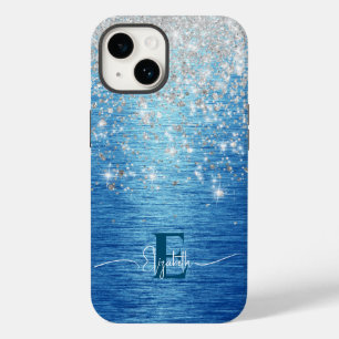 Modern Blue Brushed Metall Silver Glitter Monogram