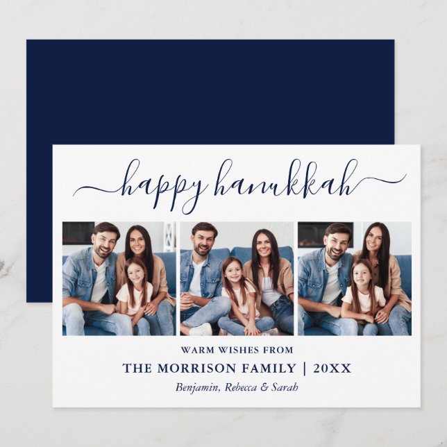Modern Blue Calligraphy Script Hanukkah 3 Photo Julkort (Fram/baksida)