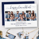 Modern Blue Calligraphy Script Hanukkah 3 Photo Julkort<br><div class="desc">Modern Trendig Calligraphy Script 3 Photo Family Photo Collage Lycklig Hanukah Card - marint blått</div>