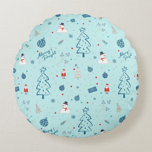 Modern Blue Christmas Pillow – Santa & Snowmen  Rund Kudde (Framsidan)