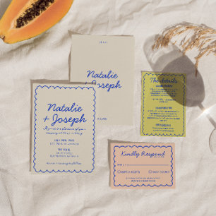 Modern Blue Colorful Retro-Roligt Whimsical Bröllo Inbjudningar