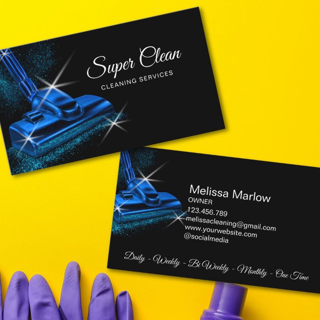 Modern Blue Commercial House Cleaning Service Visitkort (MODERN BLUE GLITTER VACUUM CLEANER BUSINESS CARD)