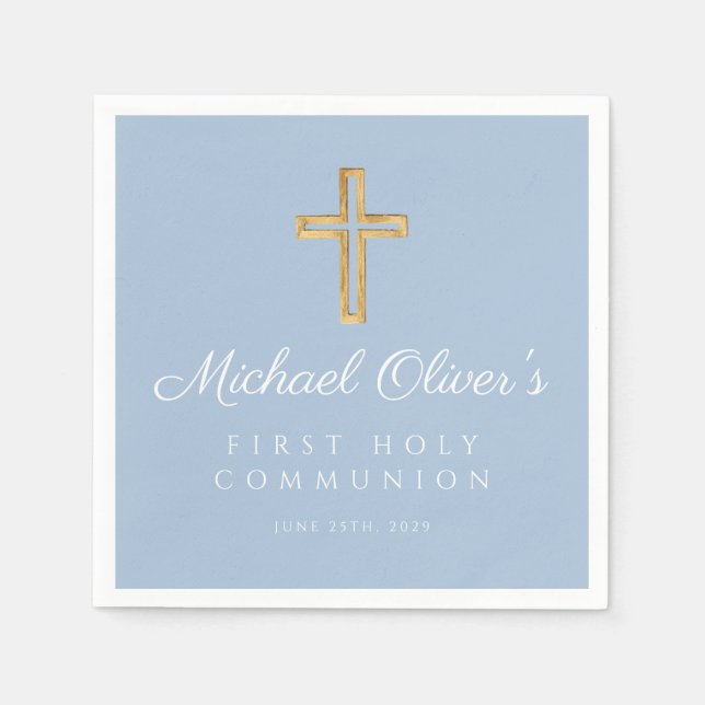 Modern Blue Cross Boy First Communion  Pappersservett (Framsidan)