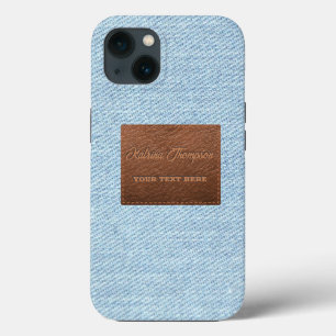 Modern Blue Denim Jeans Struktur Leather Patch