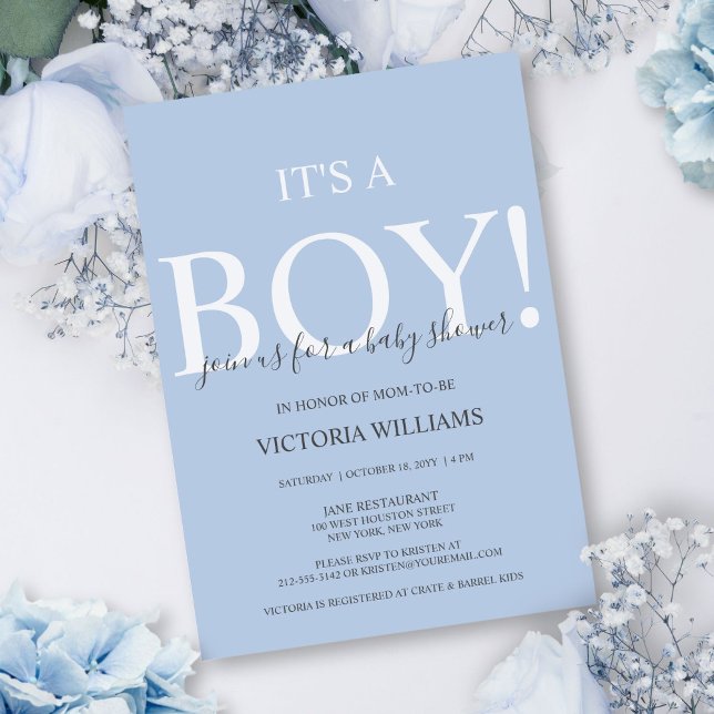 Modern Blue Det är en pojkvän-typografi babyskor Inbjudningar (This simple, dusty blue baby shower invite is perfect for a mom expecting a baby boy.)