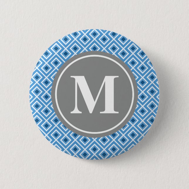 Modern Blue Diamond Graphic Mönster Monogram Knapp (Framsida)
