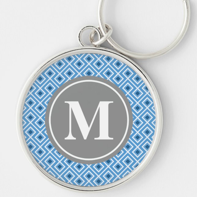 Modern Blue Diamond Graphic Mönster Monogram Rund Silverfärgad Nyckelring (Framsidan)