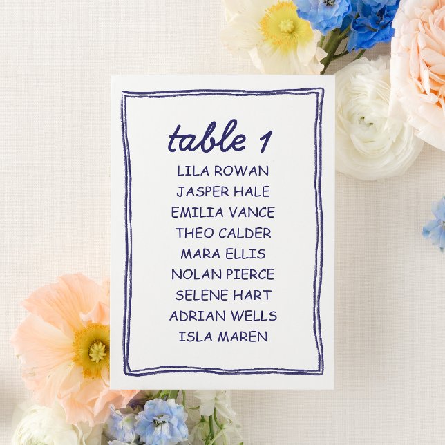 Modern Blue Doodle Wedding Seating Chart Card Bordsnummer (Skapare uppladdad)