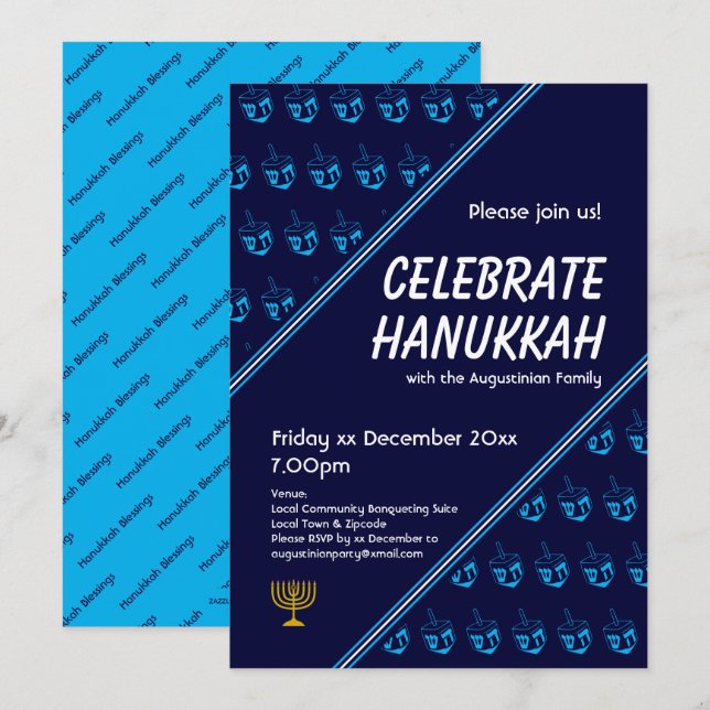 Modern Blue DREIDEL Anpassningsbar CELEBRATE HANUK Inbjudningar (Fram/baksida)