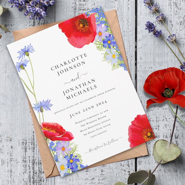 Modern Blue Elegant Wildblomma Bröllop Inbjudningar (Colorful wildflower boho chic wedding invitation )