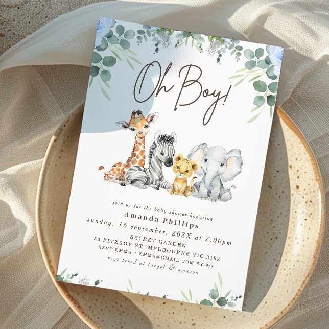Modern Blue Eucalyptus Foliage Safari Baby Shower Inbjudningar (Boys Blue Floral and Foliage Safari Baby Shower Invitation, Jungle Animals Baby Shower Invitation)