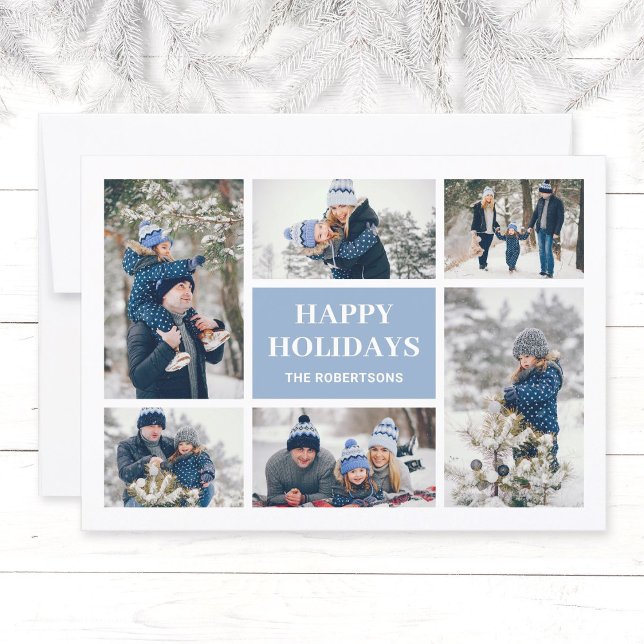 Modern Blue Family 8 - julkort för fotokollage (Modern, elegant family in winter photo collage Christmas greeting card in ligh blue, Happy Holidays.)