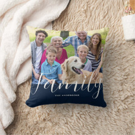 Modern Blue Family Photo Namn Kudde