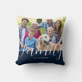 Modern Blue Family Photo Namn Kudde