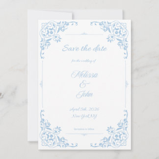Modern Blue Filigree French Country Save the Date Inbjudningar