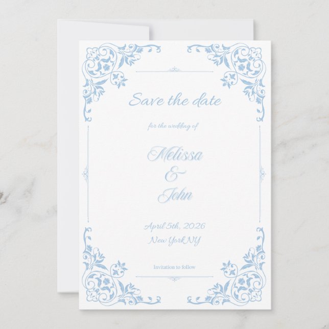 Modern Blue Filigree French Country Save the Date Inbjudningar (Framsida)