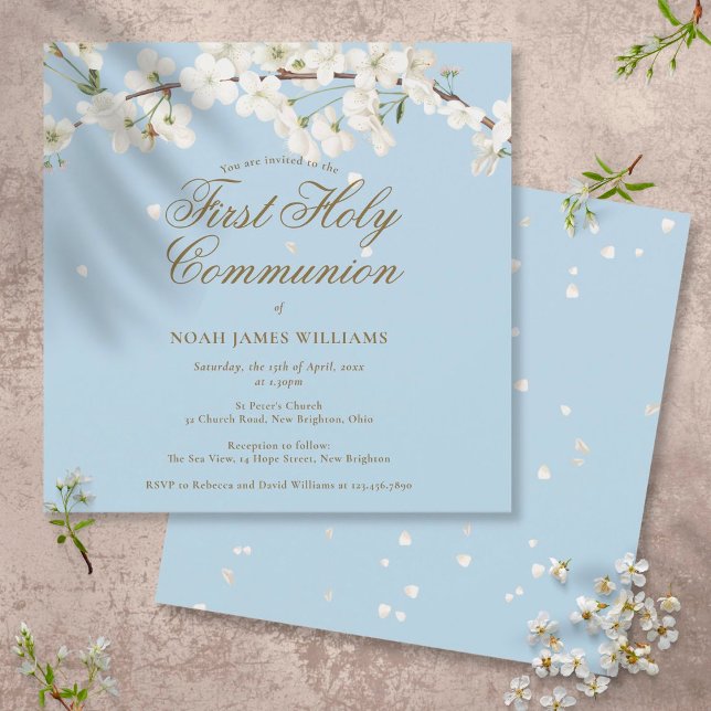 Modern Blue First Heliga Communion White Blommar Inbjudningar (Skapare uppladdad)