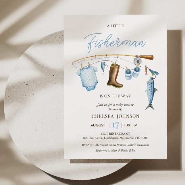 Modern Blue Fisherman Fisherman Thame Baby Shower Inbjudningar (Boys Fishing Themed Baby Shower Invitation, Fishing Baby Shower Invitation Template, Fishing Rod)