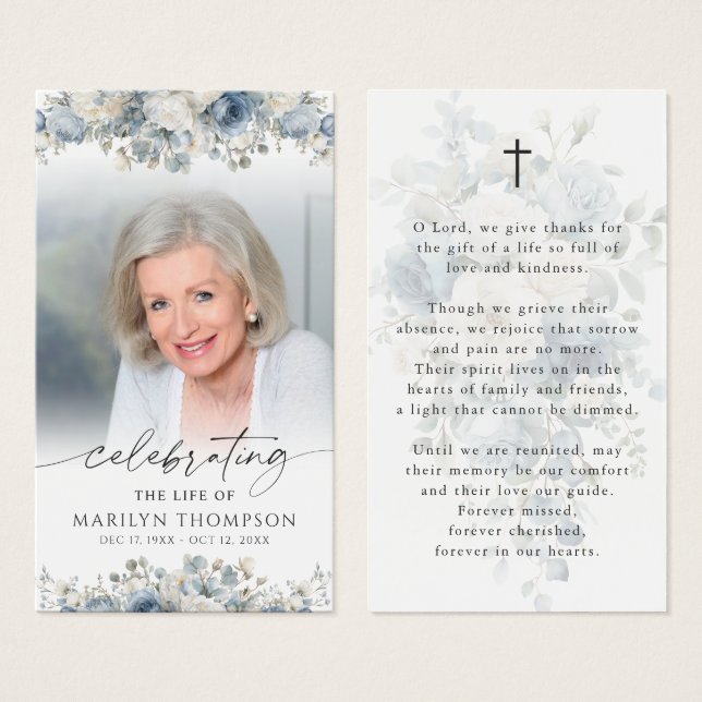 Modern Blue Floral Cross Prayer Card Visitkort (Framsida & baksida)