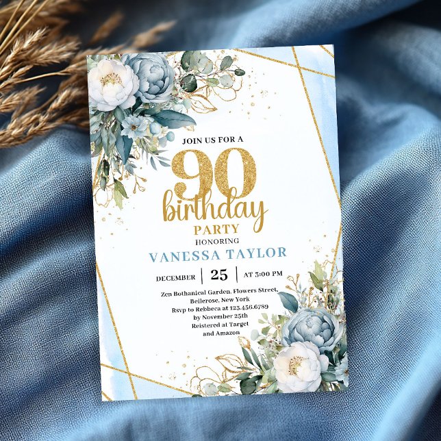 Modern Blue Floral Gold Frame 90th Birthday Invite Inbjudningar (Modern Blue Floral Gold Frame 90th Birthday Invite)