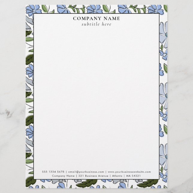 Modern Blue Floral Pattern Company Name Details Brevhuvud (Framsida)