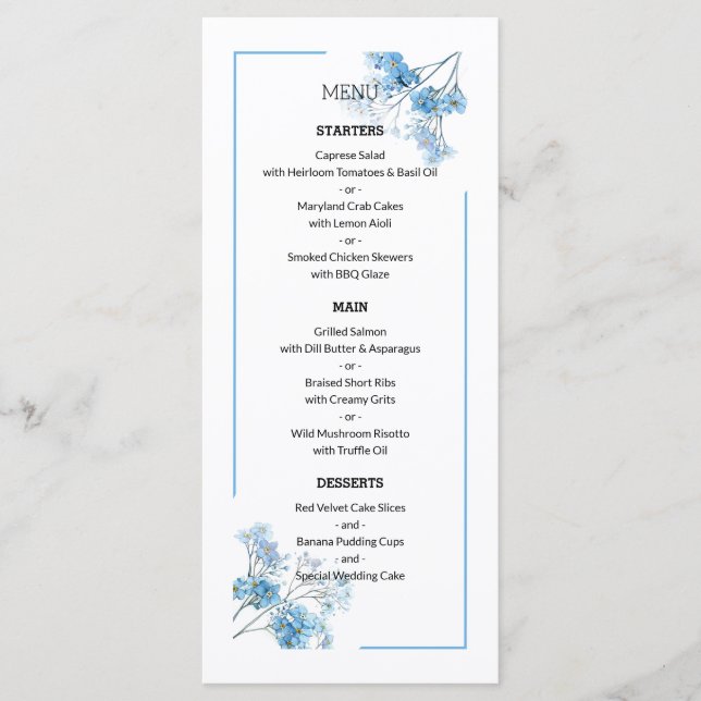 Modern Blue Floral Pattern Forget-Me-Not Wedding Meny (Framsida)