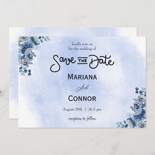 Modern Blue Floral Wedding Save the Date Inbjudningar (Fram/baksida)