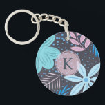 Modern Blue Flower Mönster Rosa Monogram<br><div class="desc">Modern och söt blommigt design med rosa monogram.</div>
