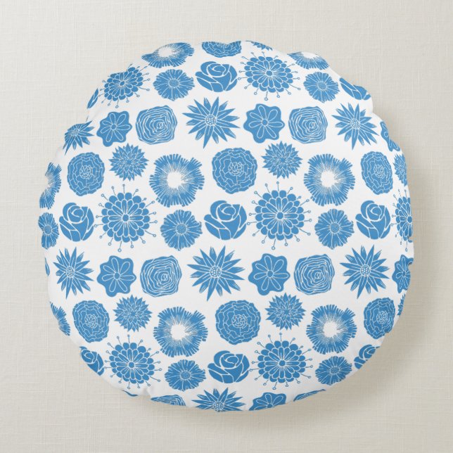 Modern Blue Flowers Stylish Motif Round Pillow Rund Kudde (Framsidan)