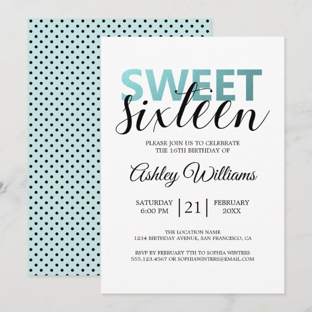 Modern Blue Foil Elegant Sweet 16 Inbjudningar (Fram/baksida)