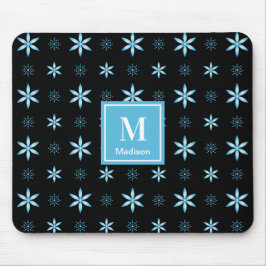 Modern Blue Geometric Floral Monogram Mouse Pad Musmatta
