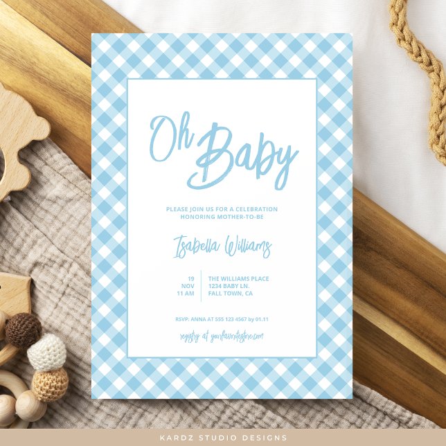 Modern Blue Gingham Baby Shower-inbjudan Inbjudningar (Invite shown in 5 x 7 inches, choose size, paper and corner style. Buy print or digital invitations.)