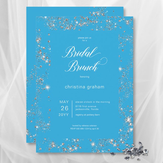 Modern Blue Glam Diamond Ram Möhippa Brunch Inbjudningar (Modern Blue Glam Diamond Frame Bridal Brunch Invitation)