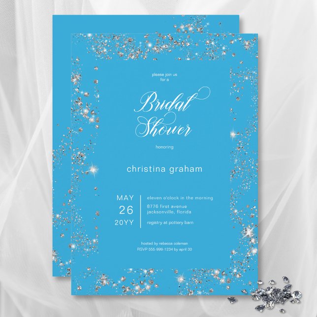 Modern Blue Glam Diamond Ram Möhippa Inbjudningar (Modern Blue Glam Diamond Frame Bridal Shower Invitation)