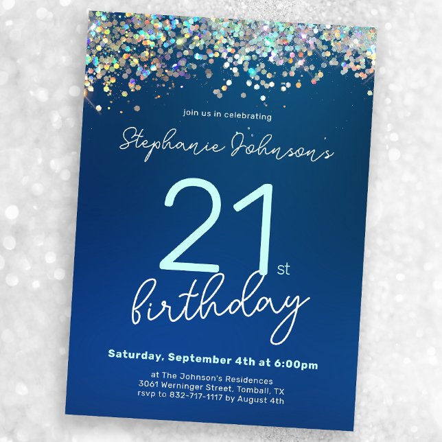 Modern Blue Glitter 21:a födelsedagen Party Inbjudningar (Mock-up view)