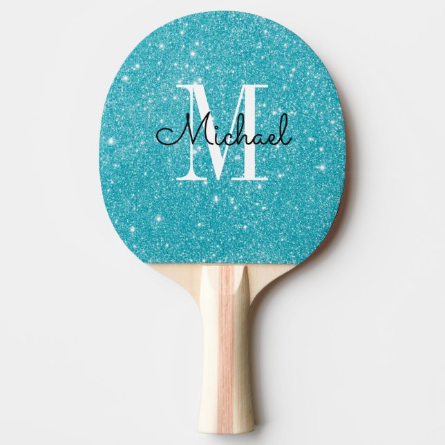 Modern Blue Glitter Monogram Personlig Namn Pingisracket (Framsidan)