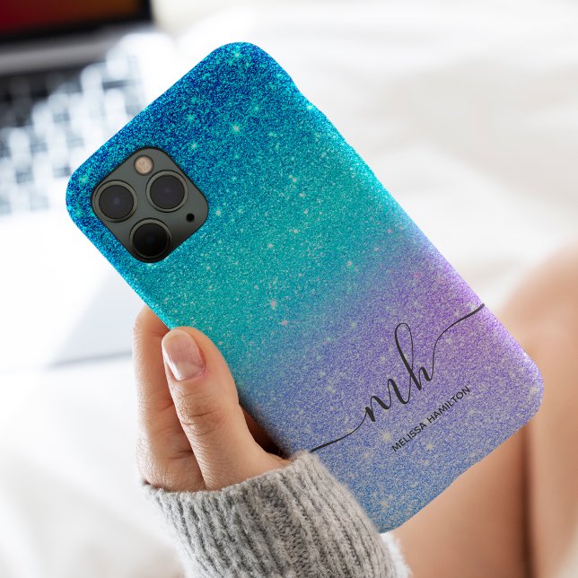 Modern Blue glitter ombre lila chic monogramme (Skapare uppladdad)