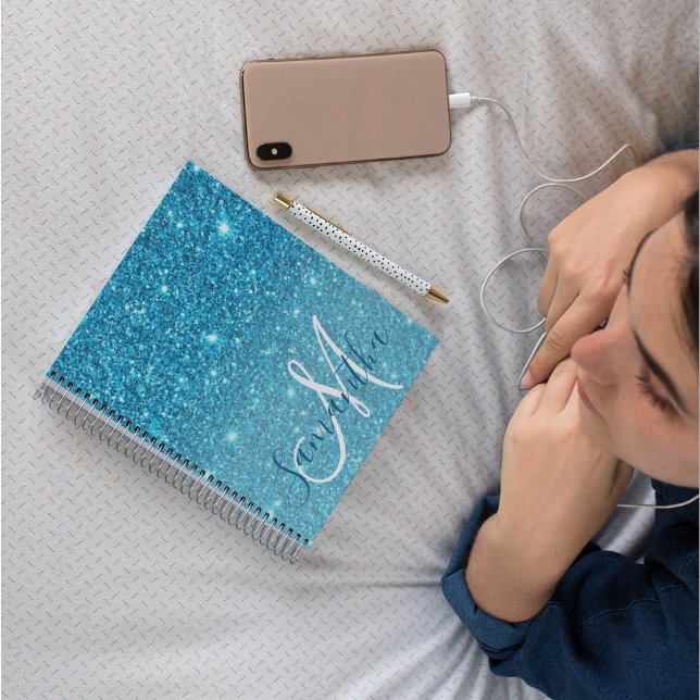 Modern Blue Glitter Sparkles Personlig Namn Anteckningsbok (Skapare uppladdad)