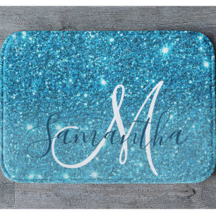 Modern Blue Glitter Sparkles Personlig Namn Badrumsmatta