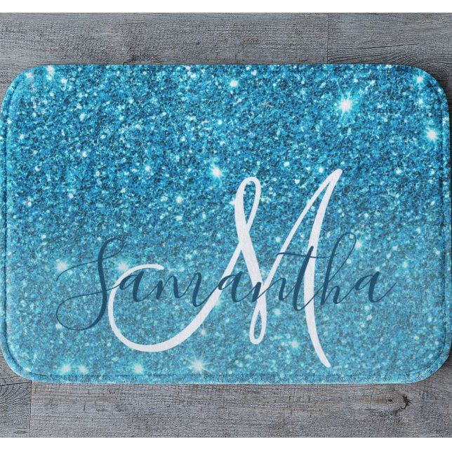 Modern Blue Glitter Sparkles Personlig Namn Badrumsmatta (Skapare uppladdad)